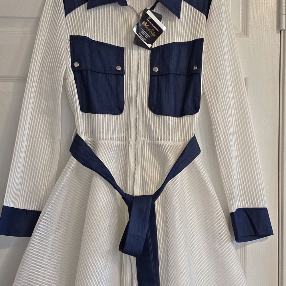 White and Blue Long Sleeve Dress Jacket